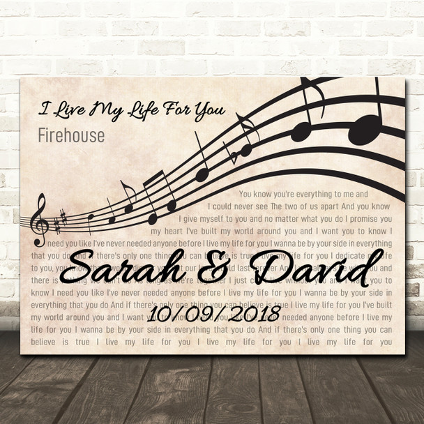 Firehouse I Live My Life For You Landscape Wavy Music Notes Song Lyric Wall Art Canvas Framed Print