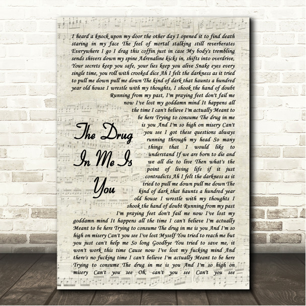 Falling In Reverse The Drug In Me Is You Vintage Script Song Lyric Wall Art Canvas Framed Print