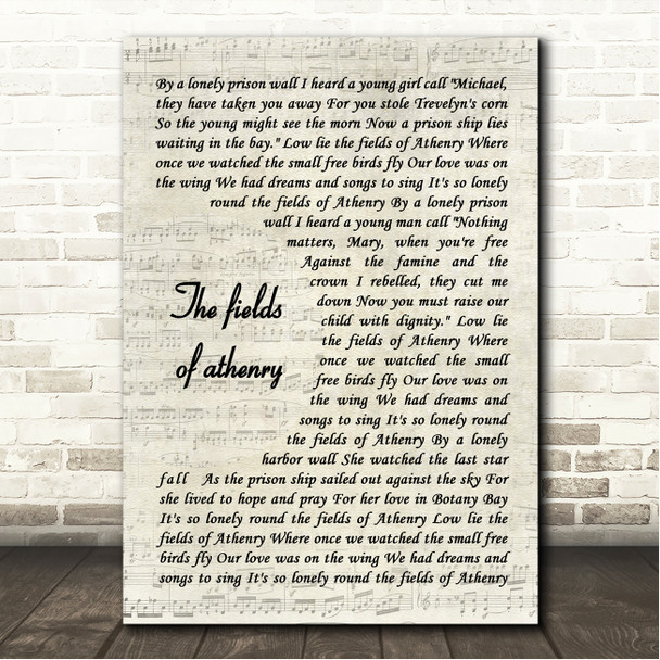 Foster & Allen The fields of athenry Vintage Script Song Lyric Wall Art Canvas Framed Print