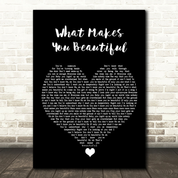 One Direction What Makes You Beautiful Black Heart Song Lyric Quote Music Print