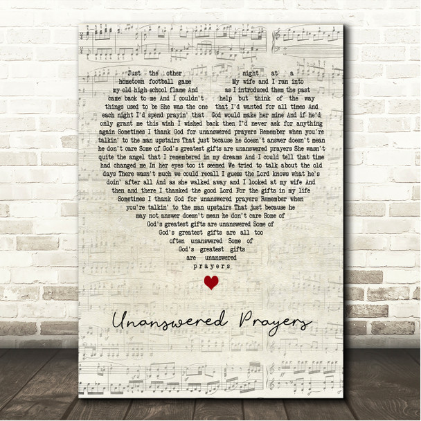 Garth Brooks Unanswered Prayers Script Heart Song Lyric Wall Art Canvas Framed Print