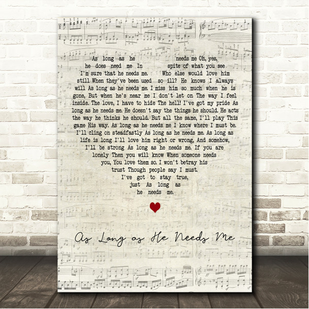 Georgia Brown As Long as He Needs Me Script Heart Song Lyric Wall Art Canvas Framed Print