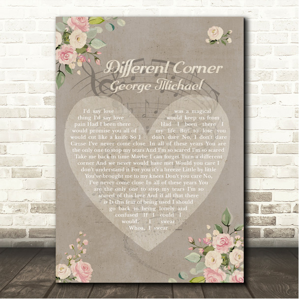 George Michael A Different Corner Shabby Chic Floral Heart Grey Song Lyric Wall Art Canvas Framed Print