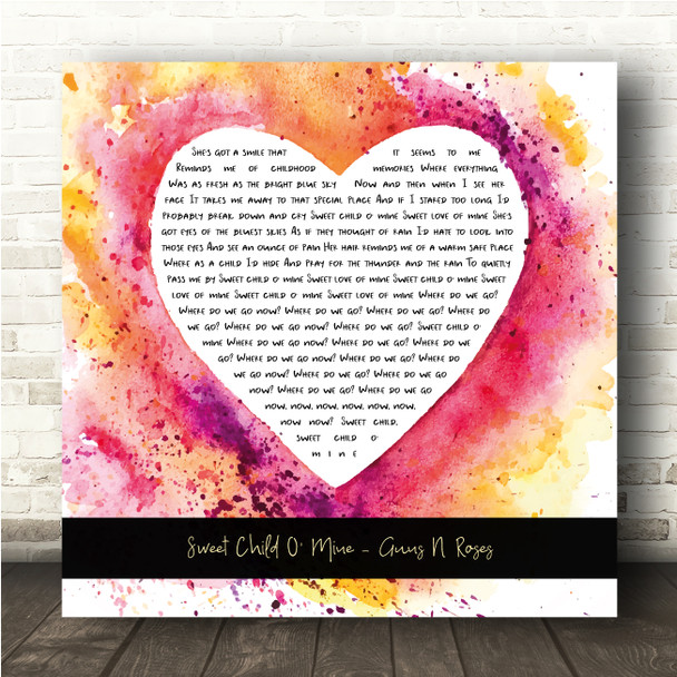 Guns N Roses Sweet Child O' Mine Watercolour Paint Heart Square Song Lyric Wall Art Canvas Framed Print