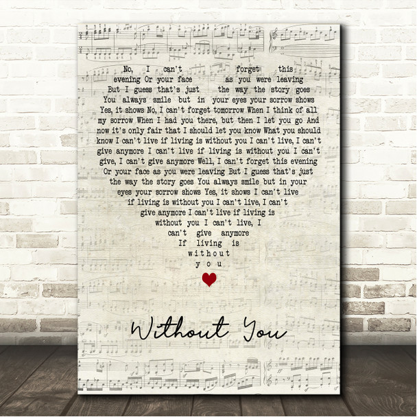 Harry Nilsson Without You Script Heart Song Lyric Wall Art Canvas Framed Print