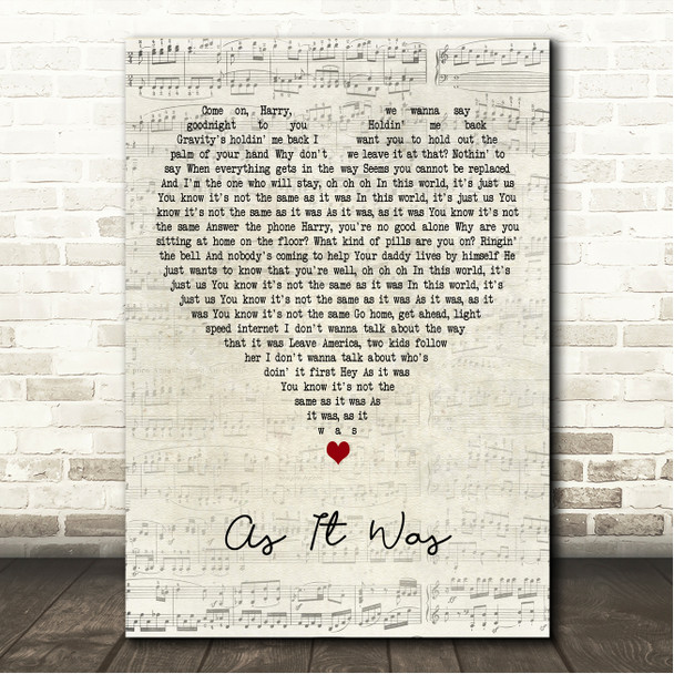 Harry Styles As It Was Script Heart Song Lyric Wall Art Canvas Framed Print