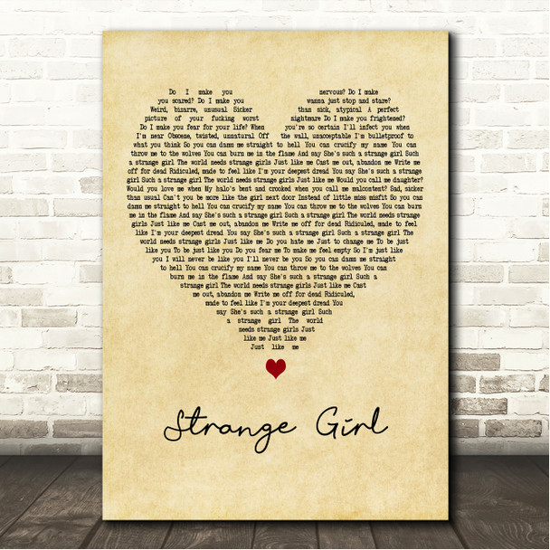 Halestorm Strange Girl Vintage Heart Song Lyric Wall Art Canvas Framed Print