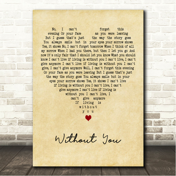 Harry Nilsson Without You Vintage Heart Song Lyric Wall Art Canvas Framed Print
