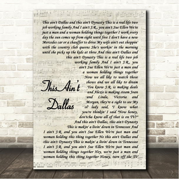Hank Williams Jr. This Aint Dallas Vintage Script Song Lyric Wall Art Canvas Framed Print