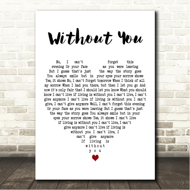 Harry Nilsson Without You White Heart Song Lyric Wall Art Canvas Framed Print