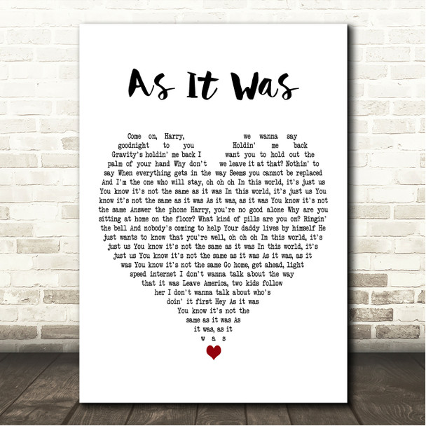 Harry Styles As It Was White Heart Song Lyric Wall Art Canvas Framed Print