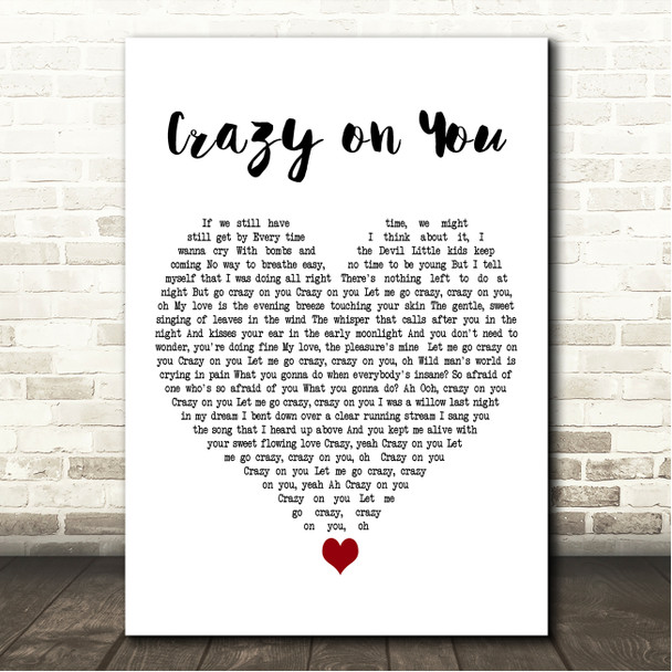 Heart Crazy on You White Heart Song Lyric Wall Art Canvas Framed Print