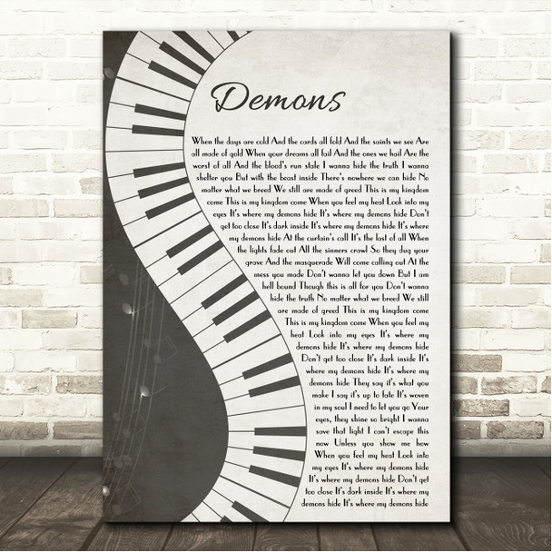 Imagine Dragons Demons Rustic Grey Piano Script Song Lyric Wall Art Canvas Framed Print