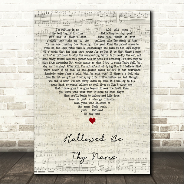 Iron Maiden Hallowed Be Thy Name Script Heart Song Lyric Wall Art Canvas Framed Print