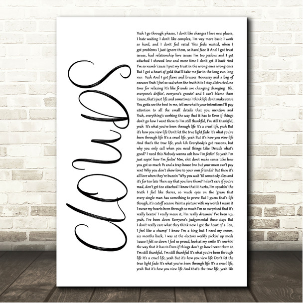 Isaiah Dreads CLOUDS White Script Song Lyric Wall Art Canvas Framed Print