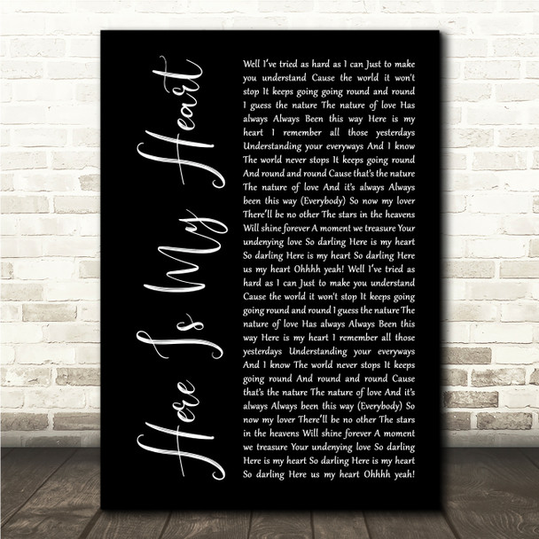 Jake & Beth Here Is My Heart Black Script Song Lyric Wall Art Canvas Framed Print