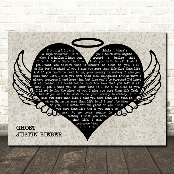 Justin Bieber Ghost Heart Angel Wings Halo Memorial Song Lyric Wall Art Canvas Framed Print