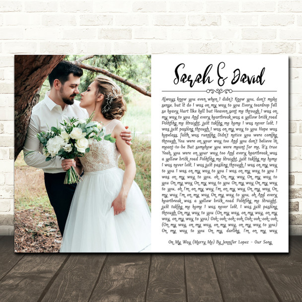 Jennifer Lopez On My Way (Marry Me) Landscape Rectangle Full Side Wedding Photo White Song Lyric Wall Art Canvas Framed Print
