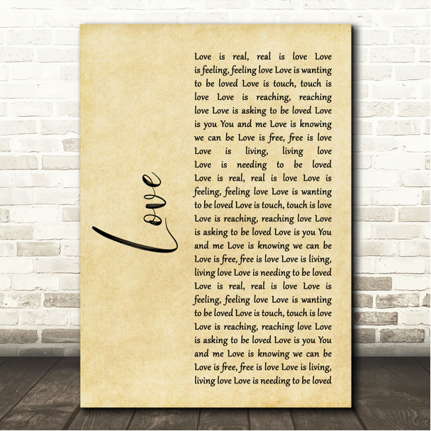 John Lennon Love Rustic Script Song Lyric Wall Art Canvas Framed Print