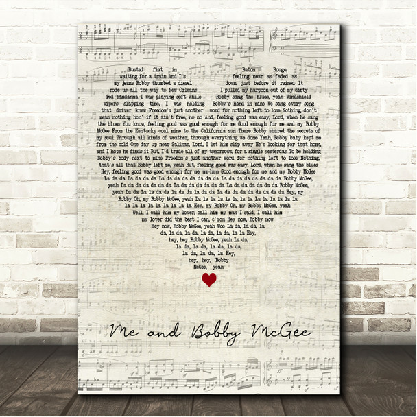 Janis Joplin Me and Bobby McGee Script Heart Song Lyric Wall Art Canvas Framed Print