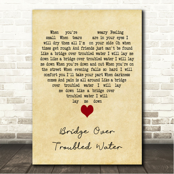 John Legend Bridge Over Troubled Water Vintage Heart Song Lyric Wall Art Canvas Framed Print