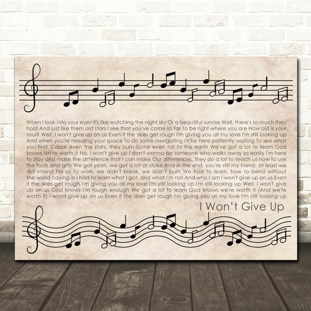 Jason Mraz I Wont Give Up Vintage Music Notes Script Song Lyric Wall Art Canvas Framed Print