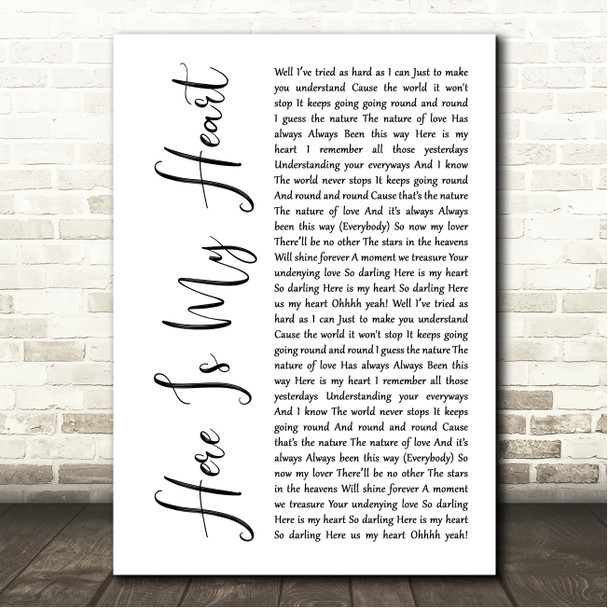 Jake & Beth Here Is My Heart White Script Song Lyric Wall Art Canvas Framed Print