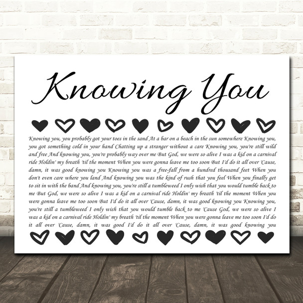 Kenny Chesney Knowing You Hearts Black & White In Row Song Lyric Wall Art Canvas Framed Print