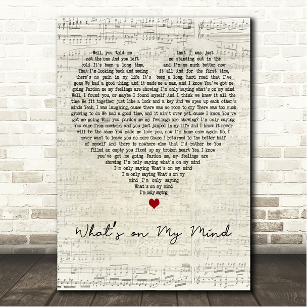 Kansas Whats on My Mind Script Heart Song Lyric Wall Art Canvas Framed Print