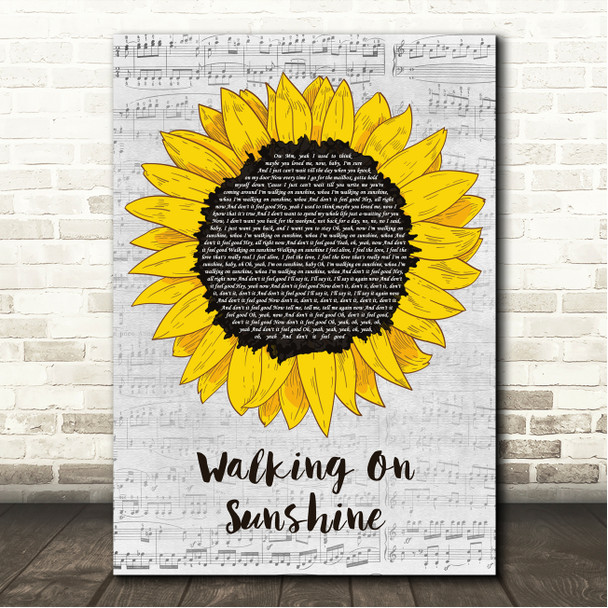 Katrina And The Waves Walking On Sunshine Grey Script Sunflower Song Lyric Wall Art Canvas Framed Print