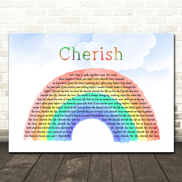 Kool & the Gang Cherish Watercolour Rainbow & Clouds Song Lyric Wall Art Canvas Framed Print