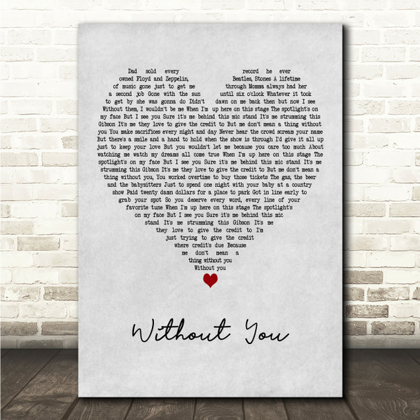 Luke Combs Without You Grey Heart Song Lyric Wall Art Canvas Framed Print
