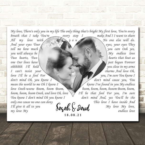 Lionel Richie & Mariah Carey Endless Love Landscape White Heart Any Text Wedding Photo Song Lyric Wall Art Canvas Framed Print