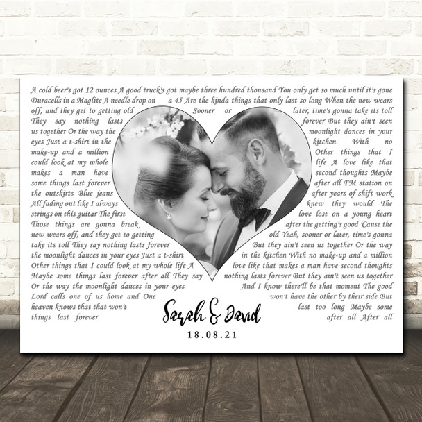 Luke Combs Forever After All Landscape White Heart Any Text Wedding Photo Song Lyric Wall Art Canvas Framed Print