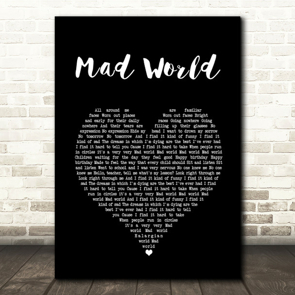 Tears For Fears Mad World Black Heart Song Lyric Quote Music Print