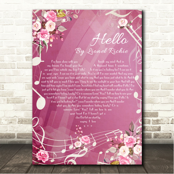 Lionel Richie Hello Pink Floral Music Notes Heart Song Lyric Wall Art Canvas Framed Print