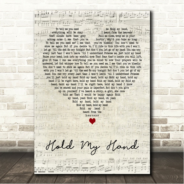 Lady Gaga Hold My Hand Script Heart Song Lyric Wall Art Canvas Framed Print