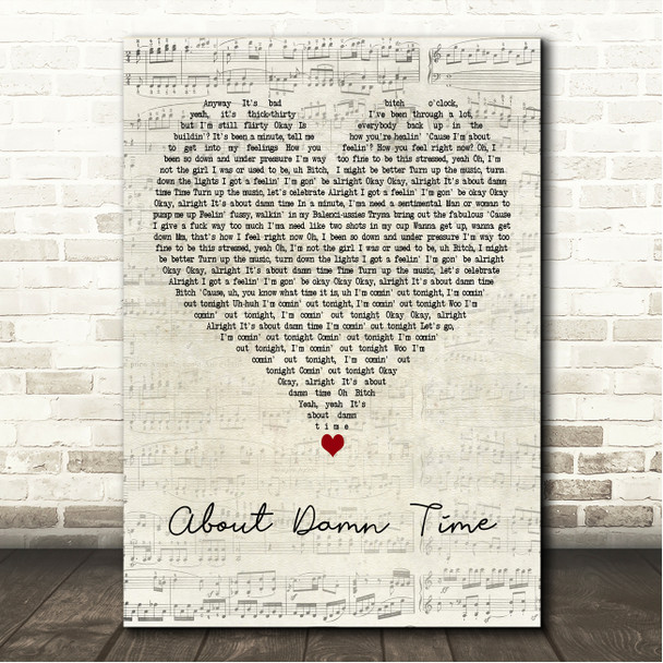 Lizzo About Damn Time Script Heart Song Lyric Wall Art Canvas Framed Print