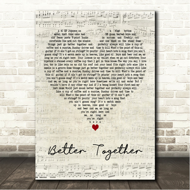 Luke Combs Better Together Script Heart Song Lyric Wall Art Canvas Framed Print