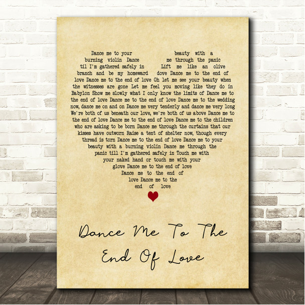 Leonard Cohen Dance Me To The End Of Love Vintage Heart Song Lyric Wall Art Canvas Framed Print