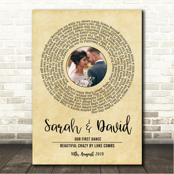 Luke Combs Beautiful Crazy Vintage Vinyl Record Wedding First Dance Photo Song Lyric Wall Art Canvas Framed Print