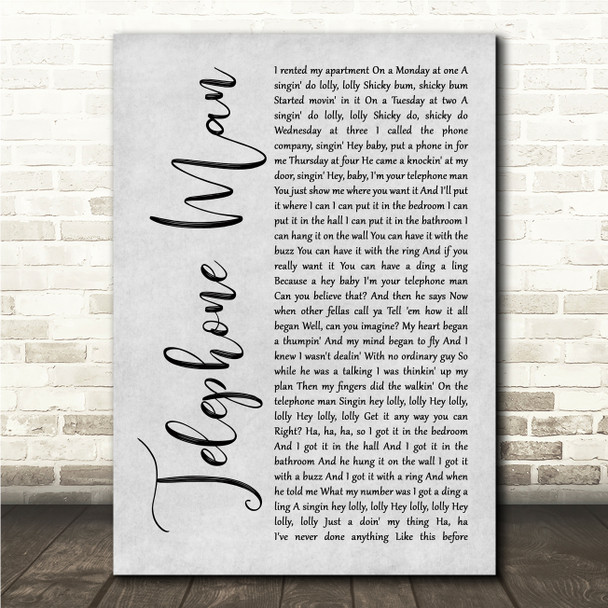 Meri Wilson Telephone Man Grey Rustic Script Song Lyric Wall Art Canvas Framed Print