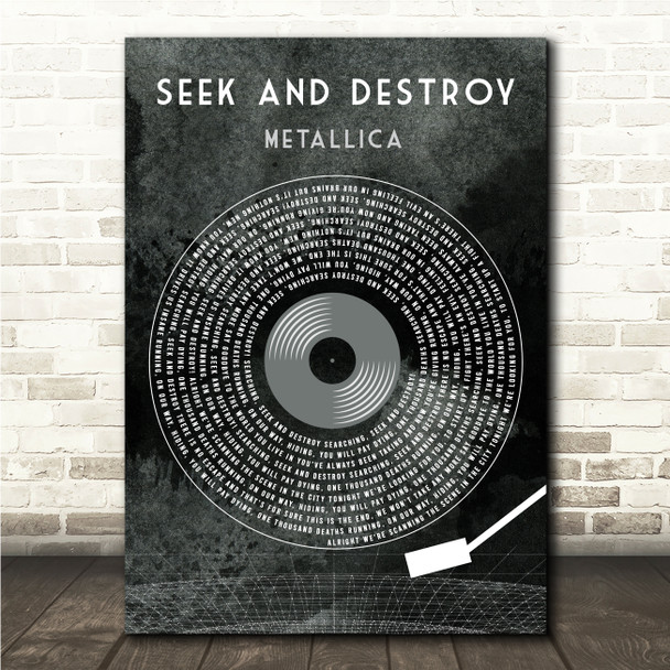 Metallica Seek & Destroy Grunge Grey Vinyl Record Song Lyric Wall Art Canvas Framed Print