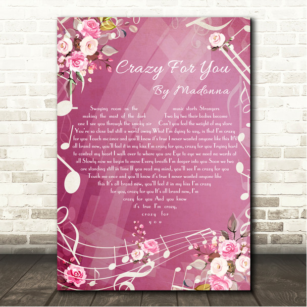 Madonna Crazy For You Pink Floral Music Notes Heart Song Lyric Wall Art Canvas Framed Print