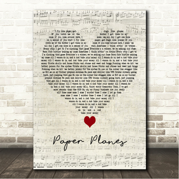 M.I.A. Paper Planes Script Heart Song Lyric Wall Art Canvas Framed Print