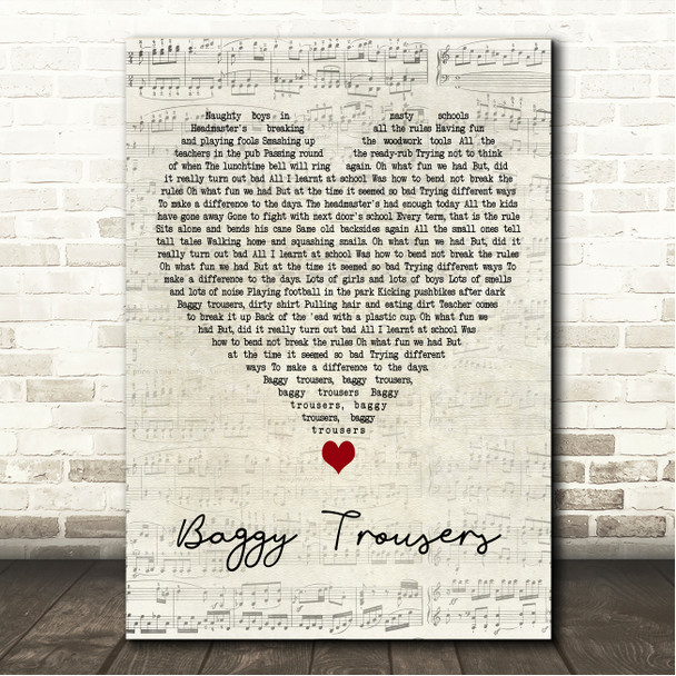 Madness Baggy Trousers Script Heart Song Lyric Wall Art Canvas Framed Print