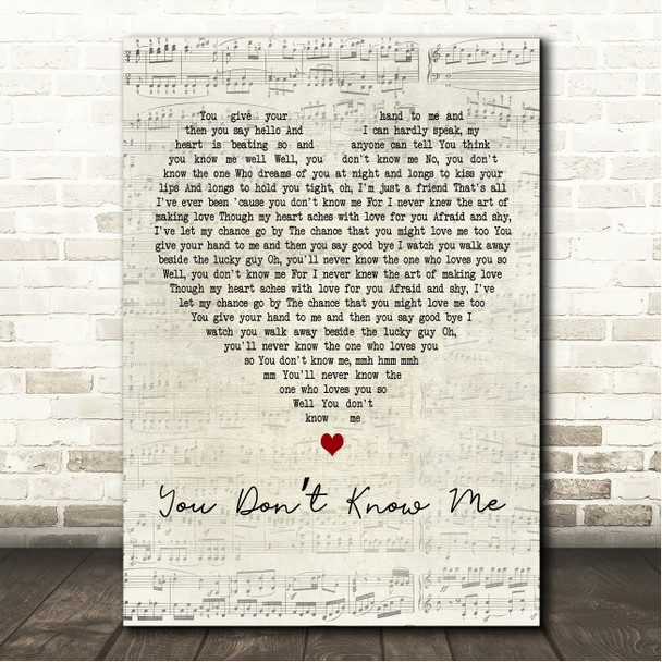 Michael Bublé You Dont Know Me Script Heart Song Lyric Wall Art Canvas Framed Print