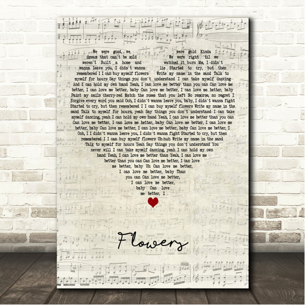 Miley Cyrus Flowers Script Heart Song Lyric Wall Art Canvas Framed Print