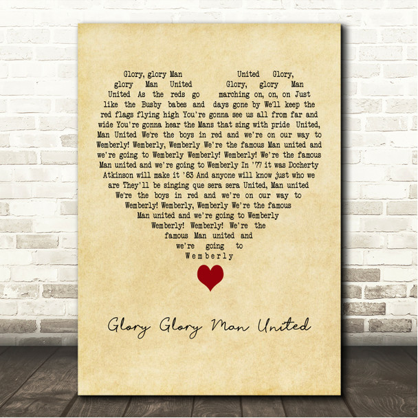 Manchester United FC Glory Glory Man United Vintage Heart Song Lyric Wall Art Canvas Framed Print