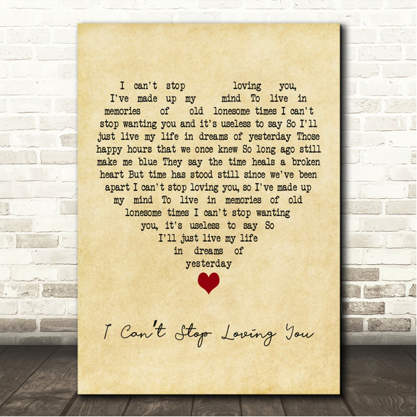Merle Haggard I Cant Stop Loving You Vintage Heart Song Lyric Wall Art Canvas Framed Print